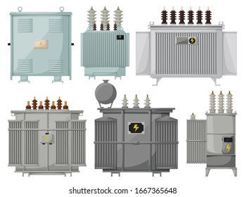 Transformer vector installation on white background . Isolated cartoon set icon energy substation. Vector cartoon set icon transformer.