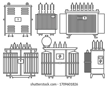 Transformer vector installation on white background . Isolated outline set icon energy substation. Vector outline set icon transformer.