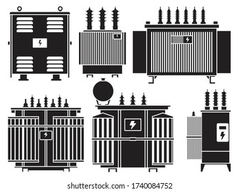 Transformer vector installation on white background . Isolated black set icon energy substation. Vector black set icon transformer.