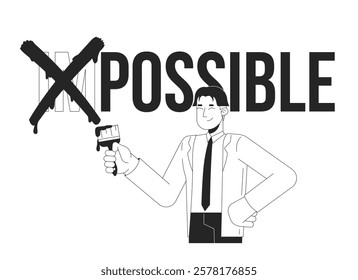 Transforming impossible to possible black and white 2D illustration concept. Workplace motivation. Overcoming career challenges. Employee outline character isolated. Metaphor monochrome vector art