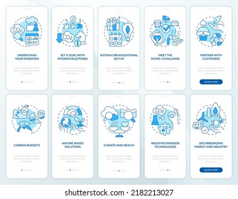 Transforming to net zero blue onboarding mobile app screen. Pollution walkthrough 5 steps editable graphic instructions with linear concepts. UI, UX, GUI template. Myriad Pro-Bold, Regular fonts used