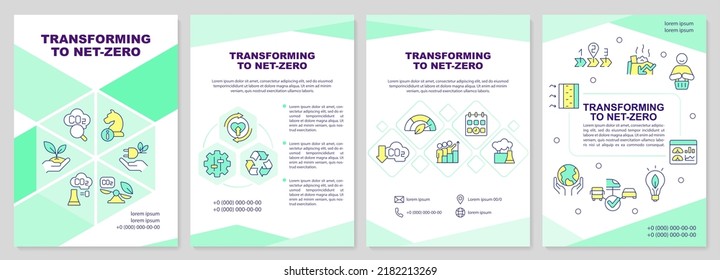 Transformación a la plantilla de folleto verde cero neto. Tecnología. Diseño del prospecto con iconos lineales. Editable 4 diseños vectoriales para presentación, informes anuales. Arial-Black, Myriad Pro-Regular fuentes utilizadas