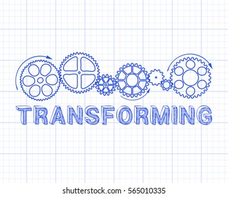 Transforming Text With Gear Wheels Hand Drawn On Graph Paper Background
