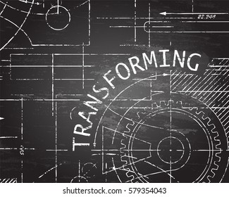 Transforming text with gear wheels hand drawn on blackboard machine background
