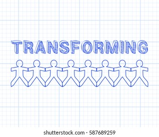 Transforming text hand drawn with paper people on graph paper background
