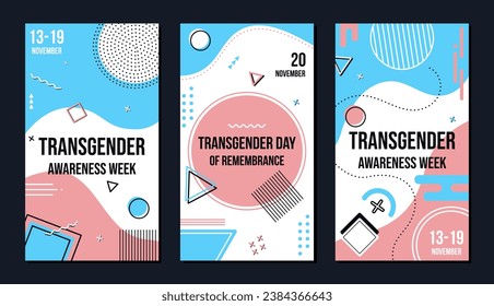 Transgender Awareness Week and Transgender Day of Remembrance. Banner set for social media stories. LGBT community and human rights event in November. Isolated vector collection. Colors of trans flag