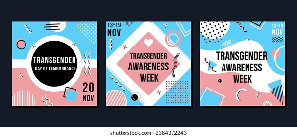 Transgender Awareness Week and Transgender Day of Remembrance. Square banner set for social media posts. Isolated vector collection. LGBT community and human rights event in November