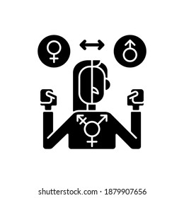 Transgender black glyph icon. Bisexual mind. Gender choosing. Non binary individual. Gender fluid person. Silhouette symbol on white space. Vector isolated illustration