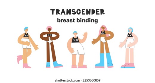 Transgender breast chest binding. Set of trans ftm people with lgbt symbols and bra. Equality, diversity, inclusion, rights concept. Vector flat illustration.