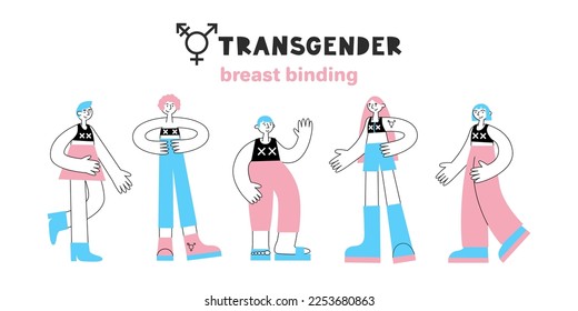 Transgender breast chest binding. Set of trans ftm people with lgbt symbols and bra in flag colors. Equality, diversity, inclusion, rights concept. Vector flat illustration.