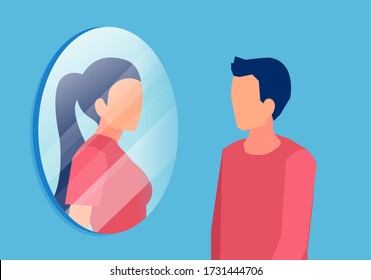 Transgender concept. Vector of a man looking in mirror and seeing himself as a woman 