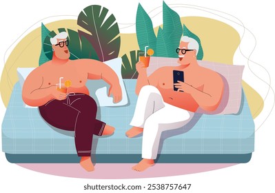 A transgender couple is relaxing on a poolside bed. LGBTQ+ elders,