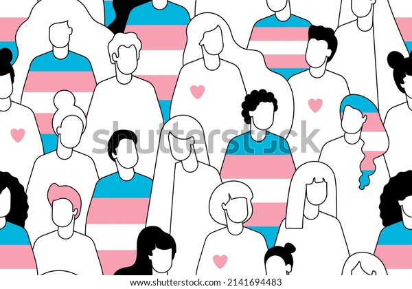 transgender\
crowd of people seamless pattern. International Transgender Day,31\
March. Different people marching on the pride parade. Human rights.\
transgender person. transgender pride flag.\
