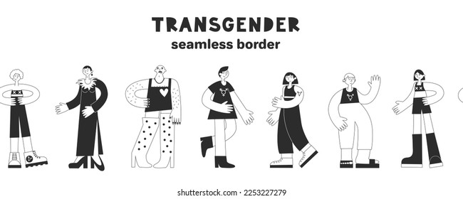 Transgender day of visibility seamless border. Set of trans mtf and ftm people with lgbt symbols in black and white. Equality, diversity, inclusion, rights concept. Vector flat illustration.