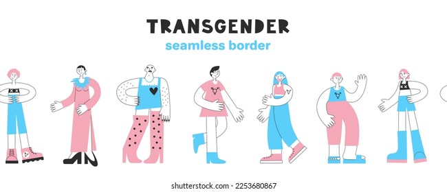 Transgender day of visibility seamless border. Set of trans mtf and ftm people with flag colors and lgbt symbols. Equality, diversity, inclusion, rights concept. Vector flat illustration.