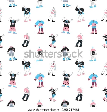 Transgender day of visibility seamless pattern. Trans mtf and ftm people with flag colors and lgbt symbols. Equality, diversity, inclusion, rights, pride. Vector flat illustration.