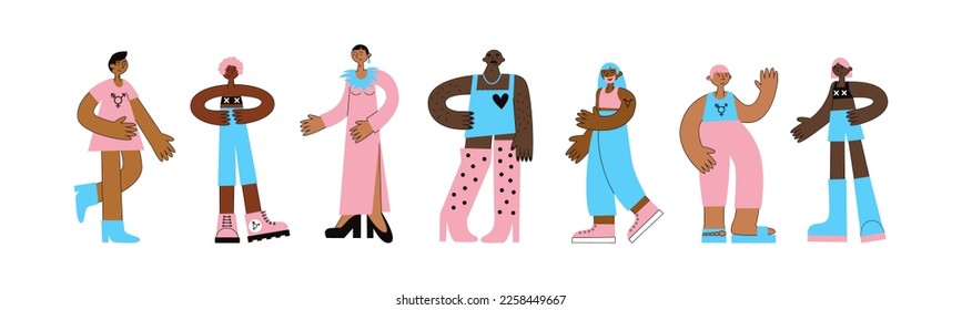 Transgender day of visibility. Set of black trans mtf and ftm people with flag colors and lgbt symbols. Equality, diversity, inclusion, rights for african american community. Vector flat illustration.