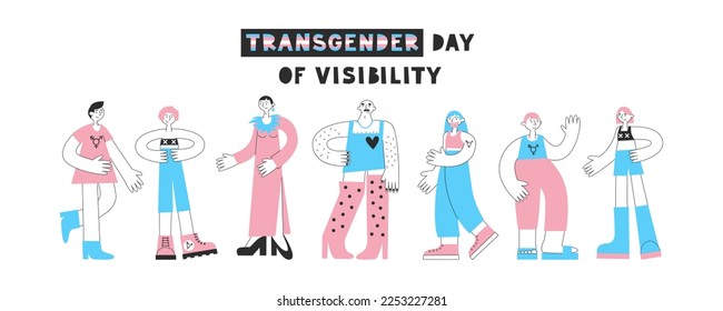 Día transgénero de visibilidad. Conjunto de personas trans mtf y ftm con colores de bandera y símbolos lgbt. Igualdad, diversidad, inclusión, concepto de derechos. Ilustración plana vectorial.