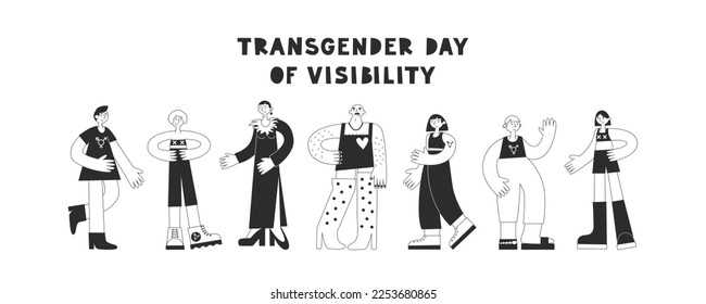 Transgender day of visibility. Set of trans mtf and ftm people with lgbt symbols in black and white. Equality, diversity, inclusion, rights concept. Vector flat illustration.