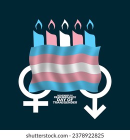 Transgender flag with candles, female symbol and male symbol, with bold text on black background to commemorate Remembrance day of Transgender on November 20