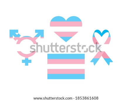 Transgender flag in heart shape, ribbon, gender symbol icon vector. Transgender flag icon set isolated on a white background. Transgender awareness ribbon vector. Transgender flag with colored symbol