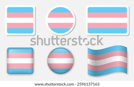 Transgender flag icons collection. Flat stickers and 3d glass vector elements on white background.