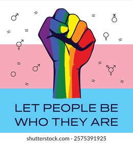 Transgender flag with inclusive equality message, gender equality graphic with symbols