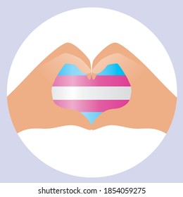 Bandera transgénero, icono redondo aislado. Ilustración de material vectorial plano. Manos con corazones, bandera transgénero. Concepto transgénero. Ilustración con las manos como emblema, logotipo, icono para transgénero