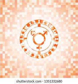 transgender icon inside abstract emblem, orange mosaic background