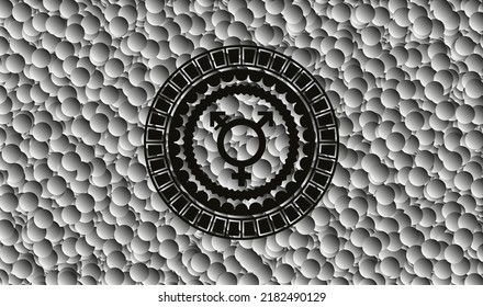 icono transgénero dentro del emblema negro con fondo de burbujas grises. Vintage. Ilustración vectorial. Detallado. 