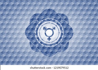 transgender icon inside blue emblem with geometric background.