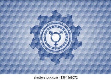 transgender icon inside blue emblem or badge with abstract geometric pattern background.