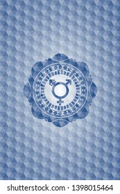 transgender icon inside blue emblem or badge with geometric pattern background.