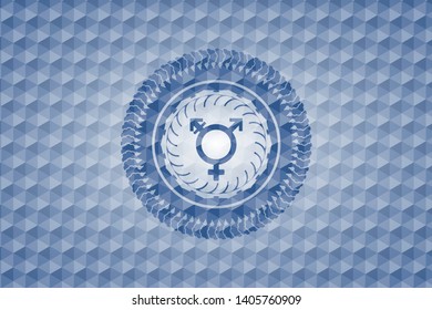 transgender icon inside blue emblem with geometric background.
