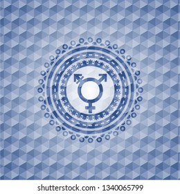 transgender icon inside blue hexagon badge.