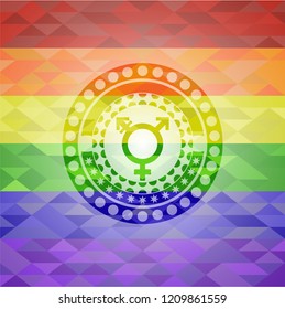 transgender icon inside emblem on mosaic background with the colors of the LGBT flag
