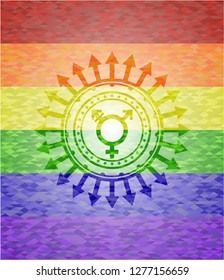 transgender icon inside emblem on mosaic background with the colors of the LGBT flag