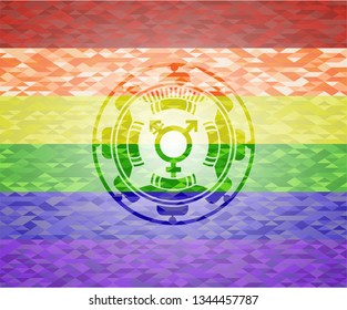 transgender icon inside emblem on mosaic background with the colors of the LGBT flag