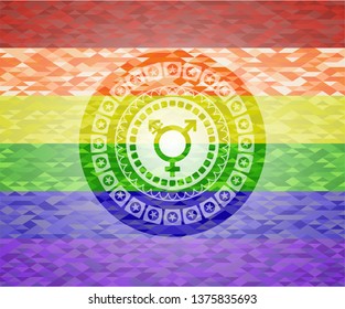 transgender icon inside emblem on mosaic background with the colors of the LGBT flag
