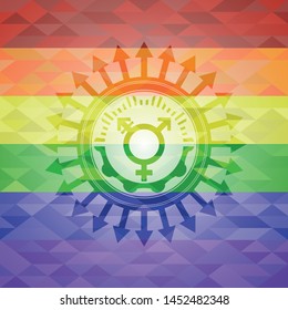 transgender icon inside emblem on mosaic background with the colors of the LGBT flag