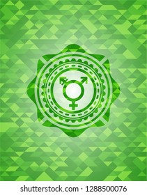 transgender icon inside green emblem with mosaic background