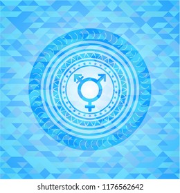 transgender icon inside light blue emblem with mosaic background
