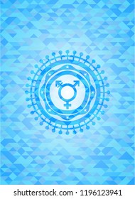 transgender icon inside light blue emblem with mosaic ecological style background