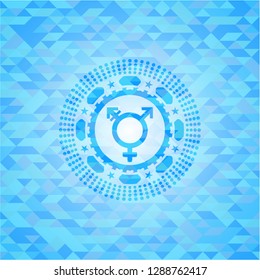 transgender icon inside light blue emblem with mosaic background