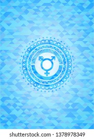 transgender icon inside light blue emblem. Mosaic background