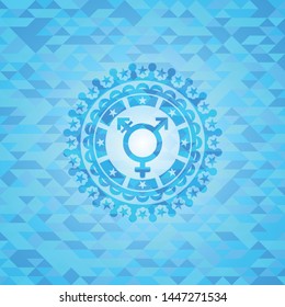 transgender icon inside light blue emblem with mosaic background
