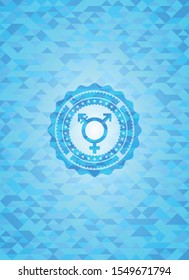 transgender icon inside light blue emblem. Mosaic background