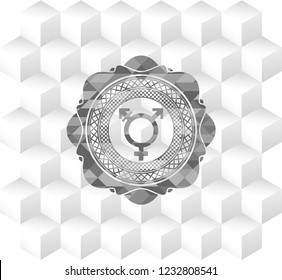 transgender icon inside realistic grey emblem with geometric cube white background