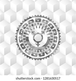 transgender icon inside realistic grey emblem with geometric cube white background