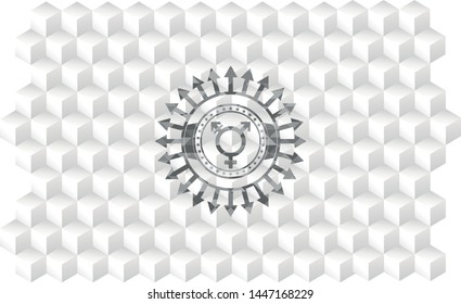 transgender icon inside realistic grey emblem with geometric cube white background